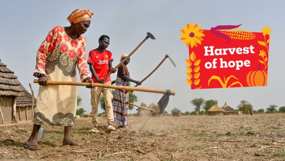 Anok and family farming. text says: "Harvest of Hope"