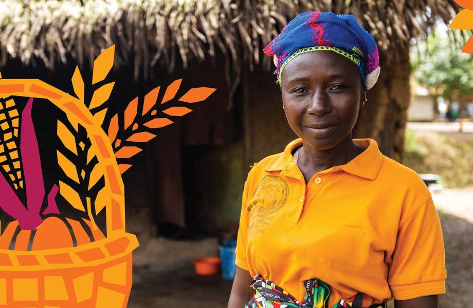 A woman in an orange shirt and blue headscarf stands outside a thatched building, smiling slightly. Stylised harvest-themed illustrations of leaves and a basket of crops overlay the image.