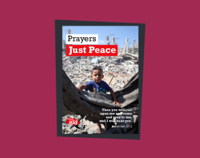 Photograph with text saying Prayers for a Just Peace
